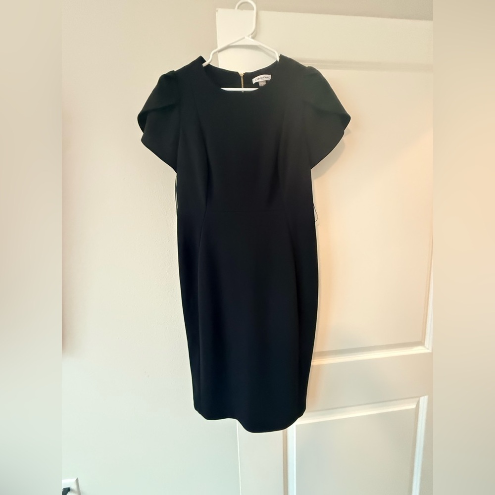 Calvin Klein Black Midi Sheath Dress with Statement Cap Sleeves - Picture 2 of 8